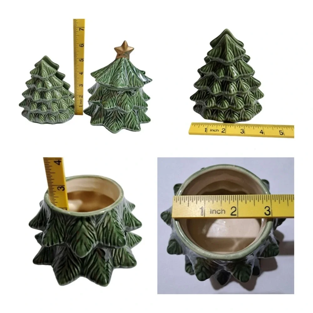 Vintage Ceramic Christmas Tree 4pc Set Green Leaf Pattern Napkin Holder Salt